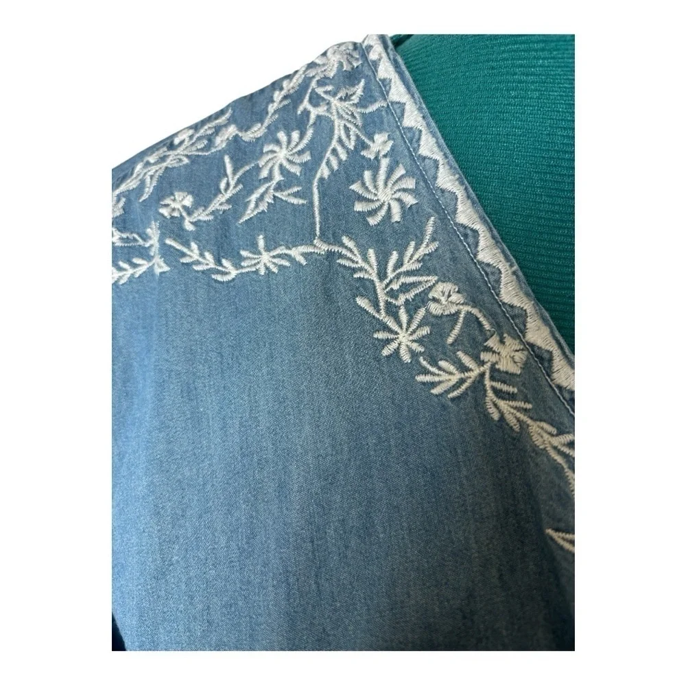 Coldwater Creek Blue Denim Kimono Wrap Top with White Embroidery Sz XL - Picture 3 of 12